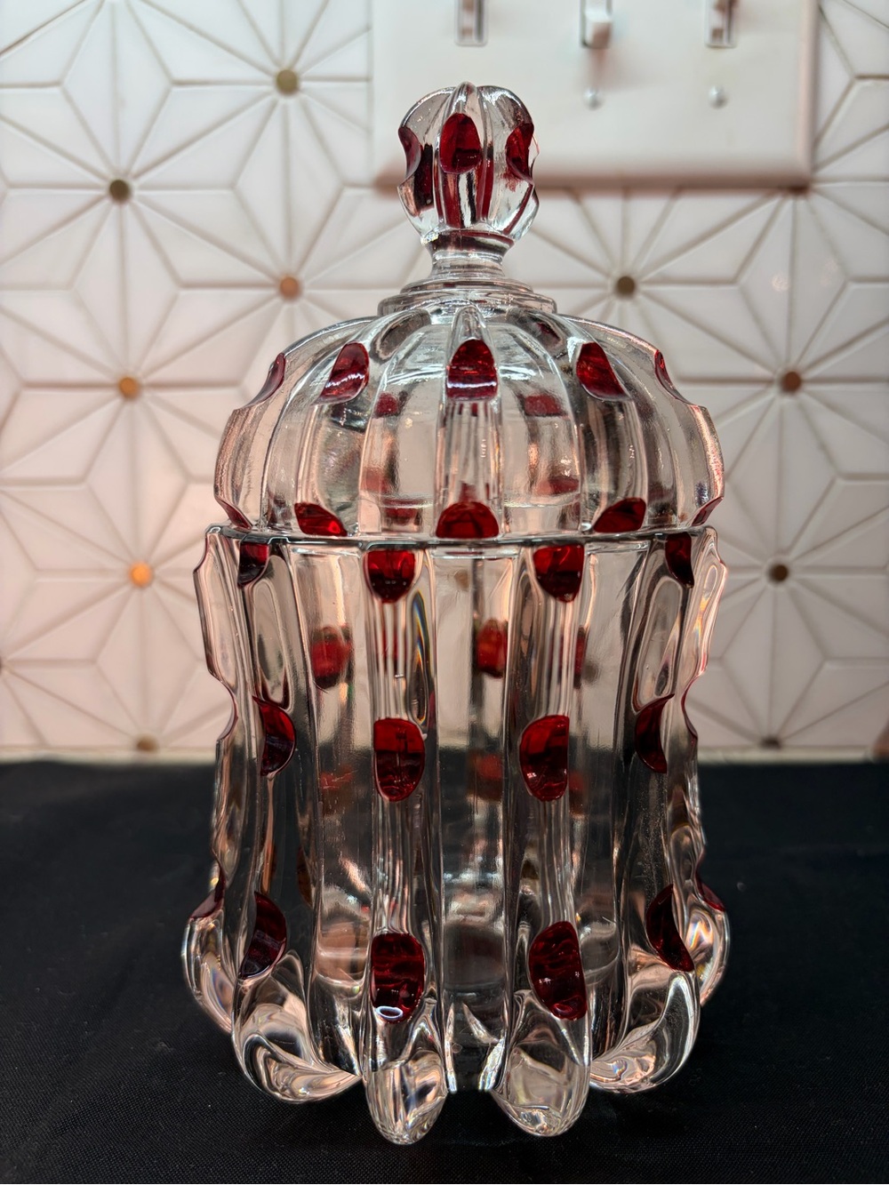 Antique US Glass Broken Column Ruby Stain Covered Sugar Bowl EAPG c1891